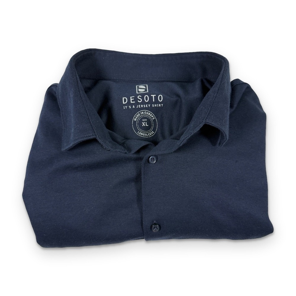Desoto Jersey Shirt XL Navy Blue Slim Fit Stretch Cotton Long Sleeve Kent Collar